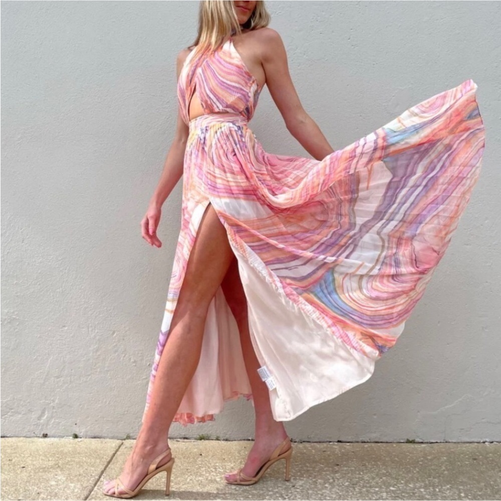 Rococo Sand NWT Dress Eira Long Dress Peach Lilac Chiffon Halter Open Back - Picture 3 of 16